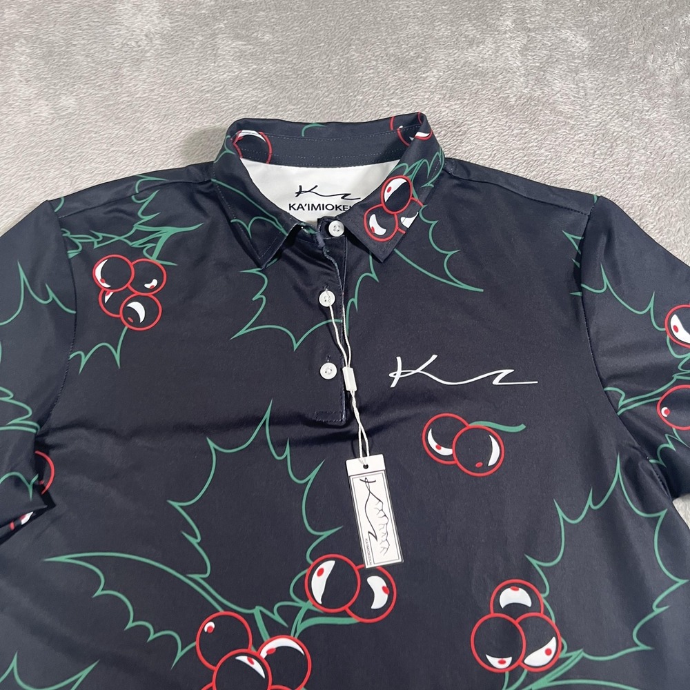 Ka'imiokekai Polo Shirt Mens Medium Black Holiday Holly Berries Golf Stretch